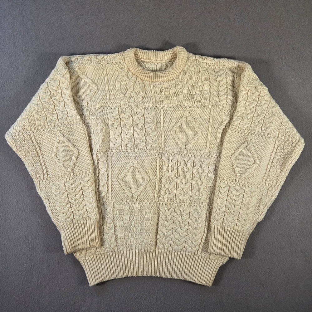 Aran Crafts Vintage Fisherman Sweater Mens Large Ivory Wool Chunky Knit Ireland